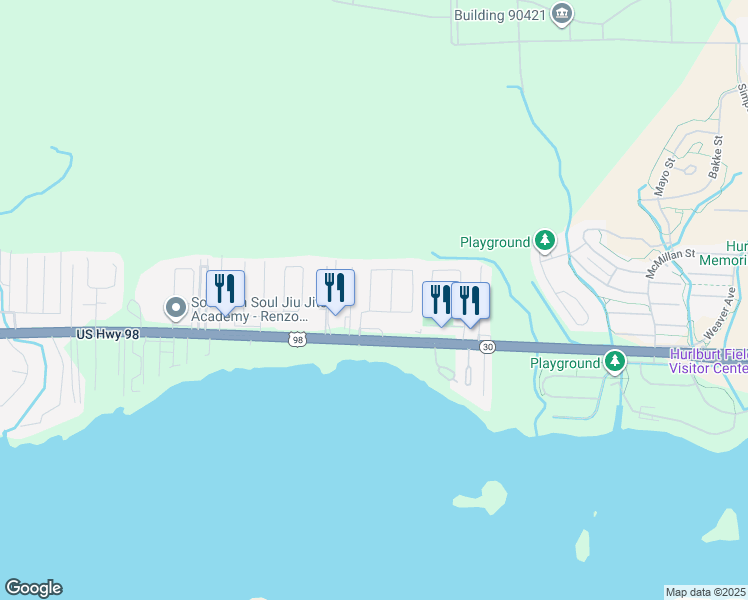 map of restaurants, bars, coffee shops, grocery stores, and more near 453 Rush Park Circle in Mary Esther
