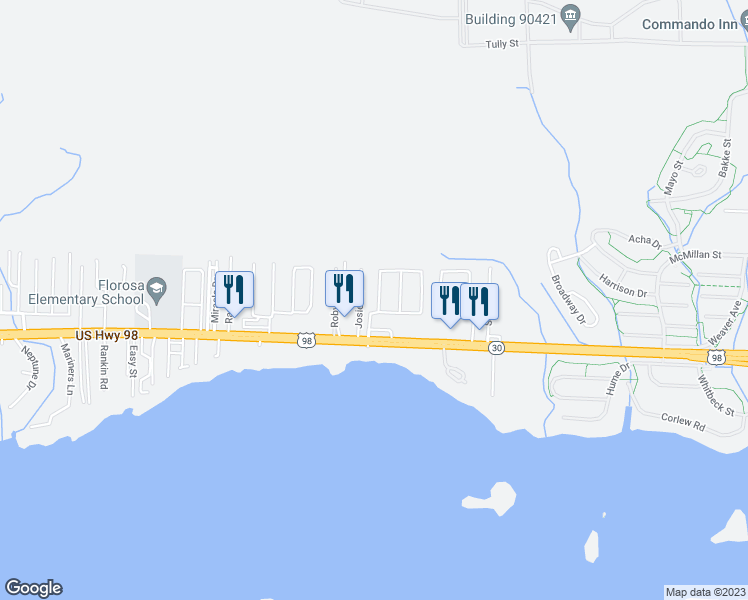 map of restaurants, bars, coffee shops, grocery stores, and more near 452 Rush Park Circle in Mary Esther
