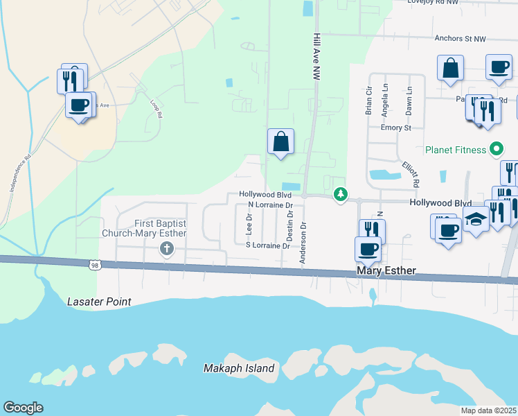 map of restaurants, bars, coffee shops, grocery stores, and more near 241 North Lorraine Drive in Mary Esther