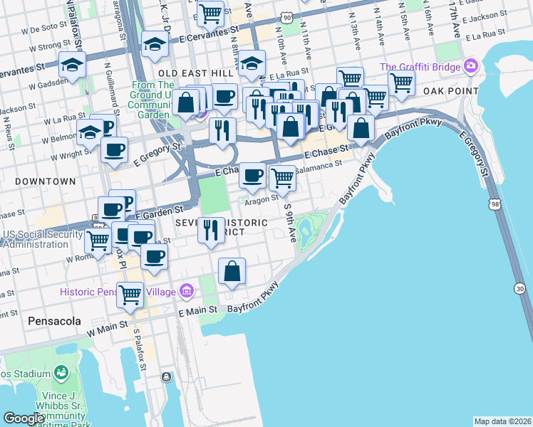 map of restaurants, bars, coffee shops, grocery stores, and more near 9 South 9th Avenue in Pensacola