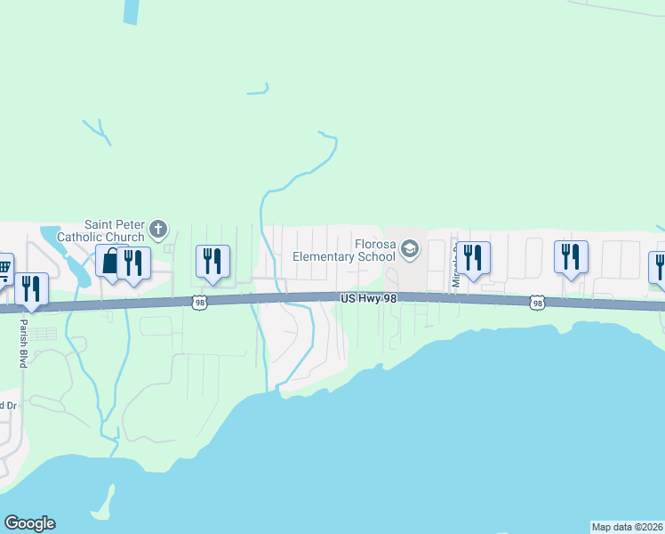 map of restaurants, bars, coffee shops, grocery stores, and more near 348 Harris Street in Mary Esther