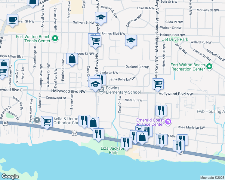 map of restaurants, bars, coffee shops, grocery stores, and more near 331 Oakland Circle Northwest in Fort Walton Beach