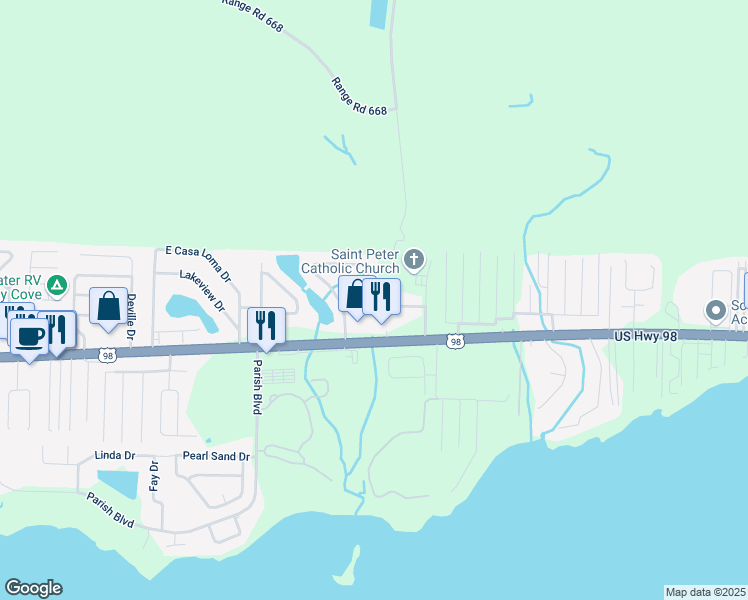 map of restaurants, bars, coffee shops, grocery stores, and more near 524 East Timberlake Drive in Mary Esther
