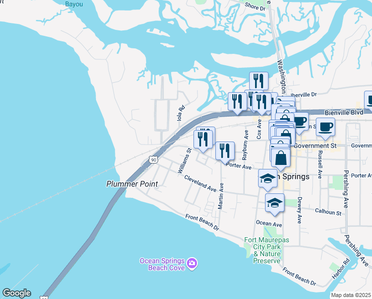 map of restaurants, bars, coffee shops, grocery stores, and more near 318 Porter Avenue in Ocean Springs