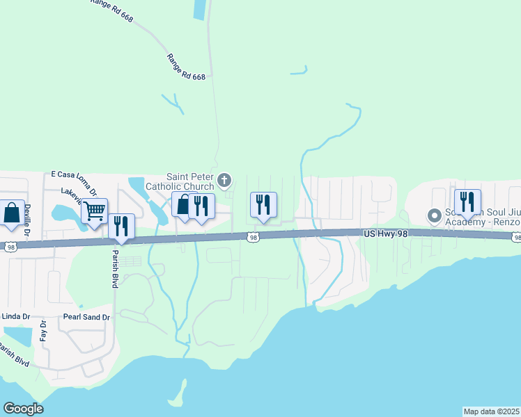 map of restaurants, bars, coffee shops, grocery stores, and more near 218 Squirrel Haven Road in Mary Esther