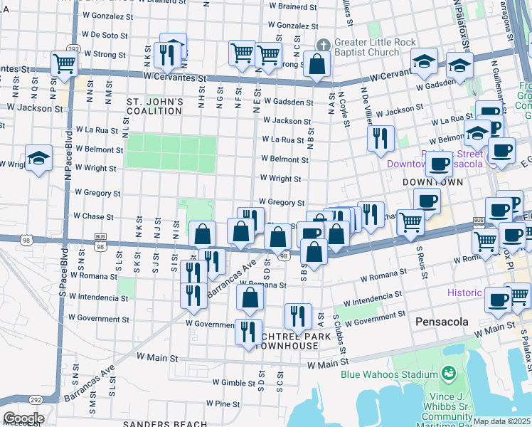 map of restaurants, bars, coffee shops, grocery stores, and more near 1000 West Gregory Street in Pensacola