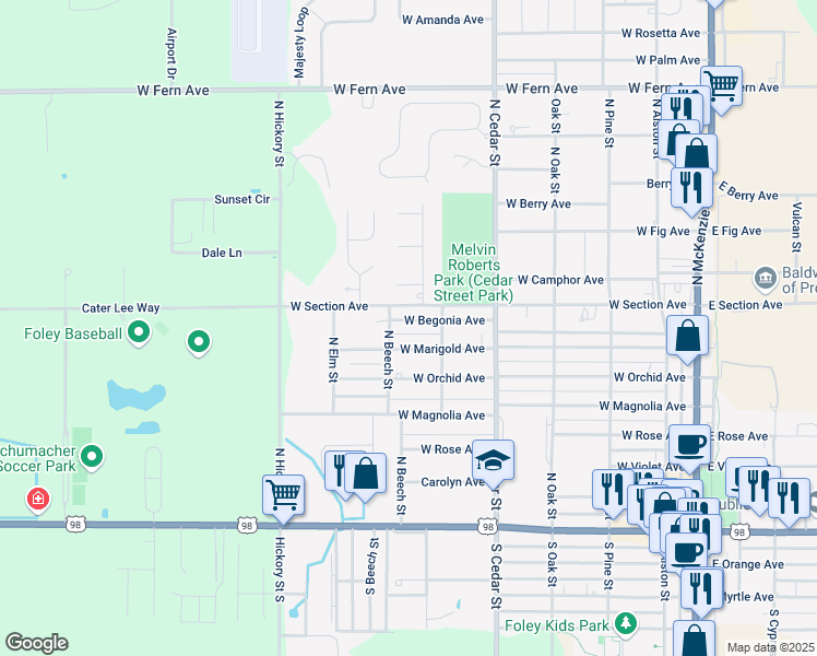 map of restaurants, bars, coffee shops, grocery stores, and more near 615 West Section Avenue in Foley