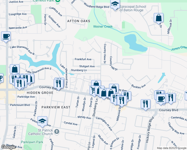 map of restaurants, bars, coffee shops, grocery stores, and more near 4134 Stumberg Lane in Baton Rouge