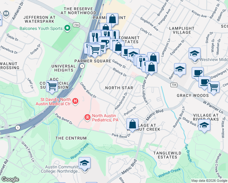 map of restaurants, bars, coffee shops, grocery stores, and more near 12316 Emery Oaks Road in Austin
