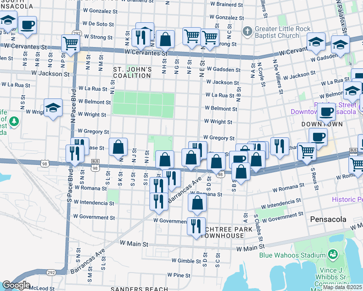 map of restaurants, bars, coffee shops, grocery stores, and more near 107 North F Street in Pensacola