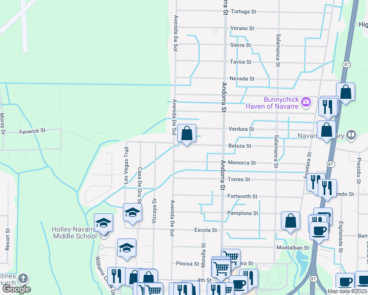 map of restaurants, bars, coffee shops, grocery stores, and more near 8097 Beleza Street in Navarre