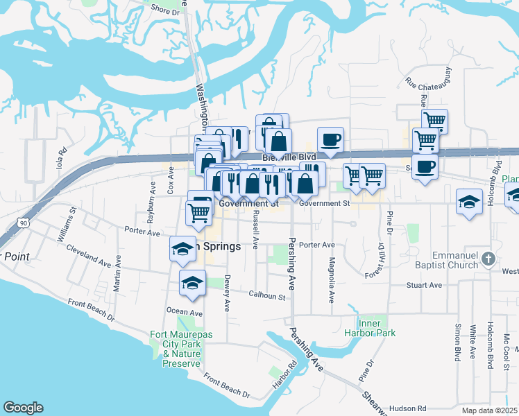 map of restaurants, bars, coffee shops, grocery stores, and more near 1302 Government Street in Ocean Springs