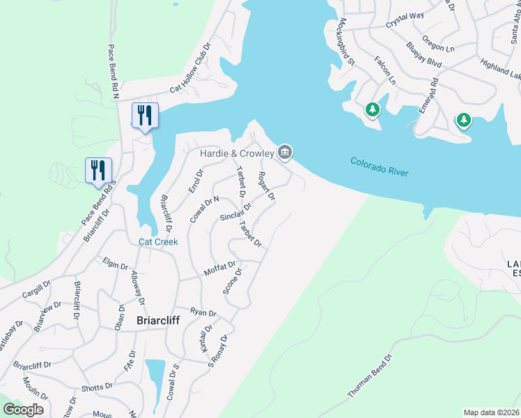 map of restaurants, bars, coffee shops, grocery stores, and more near 404 Rogart Drive in Spicewood
