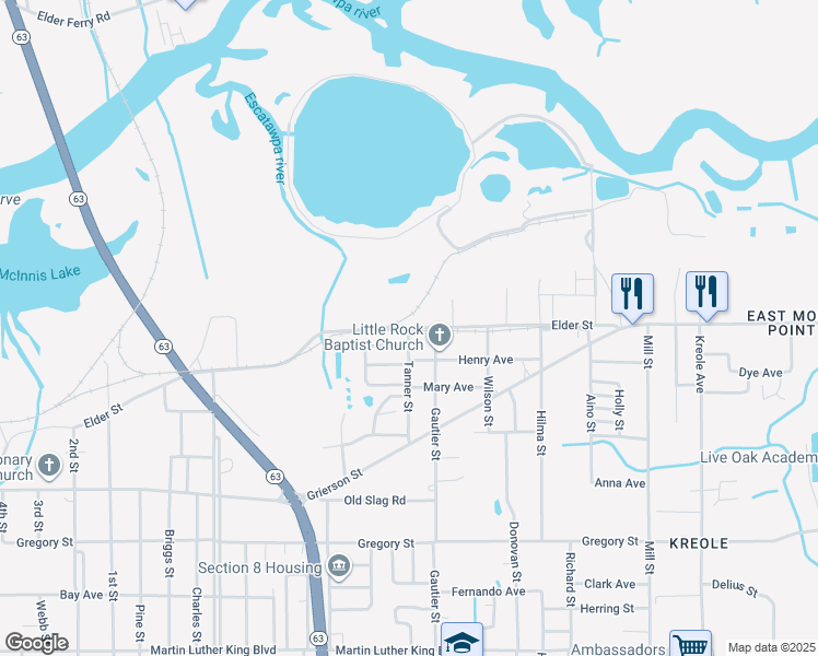 map of restaurants, bars, coffee shops, grocery stores, and more near 6239 Elder Street in Moss Point