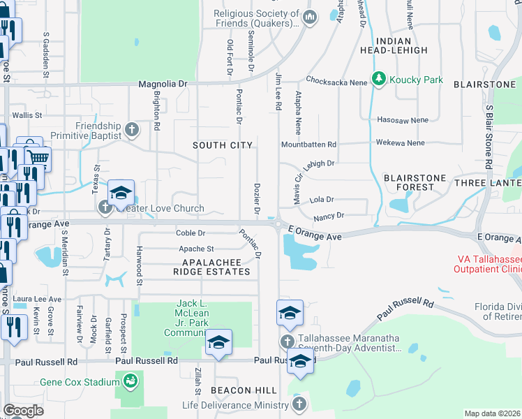 map of restaurants, bars, coffee shops, grocery stores, and more near 2419 Dozier Drive in Tallahassee