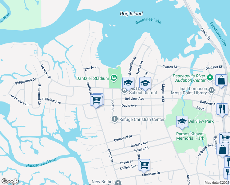 map of restaurants, bars, coffee shops, grocery stores, and more near 3400 Dantzler Street in Moss Point