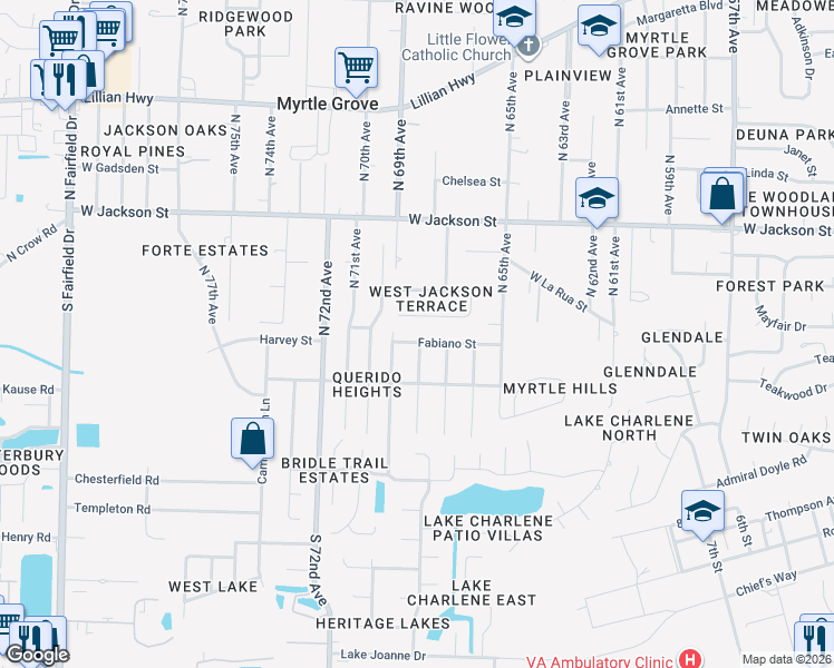 map of restaurants, bars, coffee shops, grocery stores, and more near 6800 Fabiano Street in Pensacola
