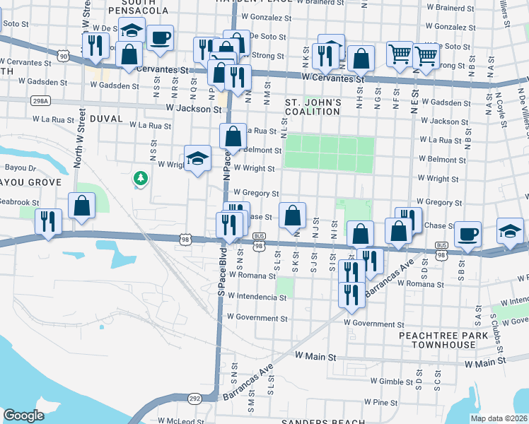 map of restaurants, bars, coffee shops, grocery stores, and more near 2007 West Gregory Street in Pensacola