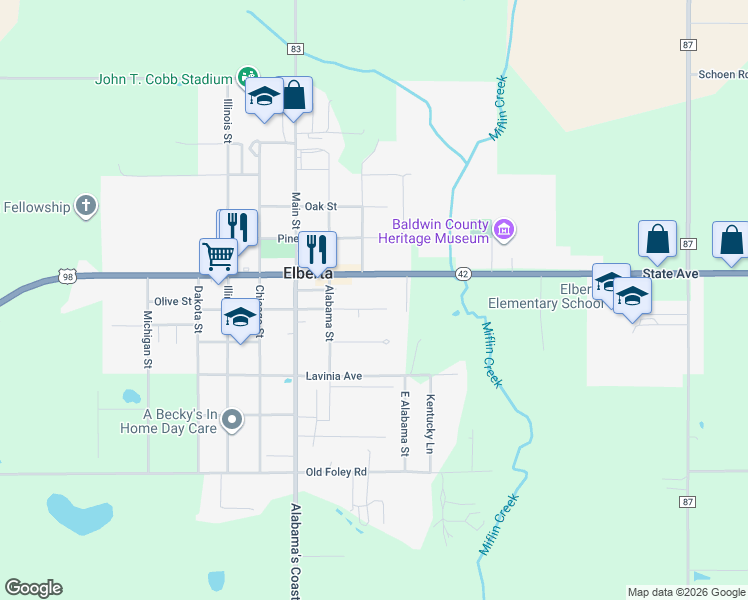 map of restaurants, bars, coffee shops, grocery stores, and more near 25020 U.S. 98 in Elberta
