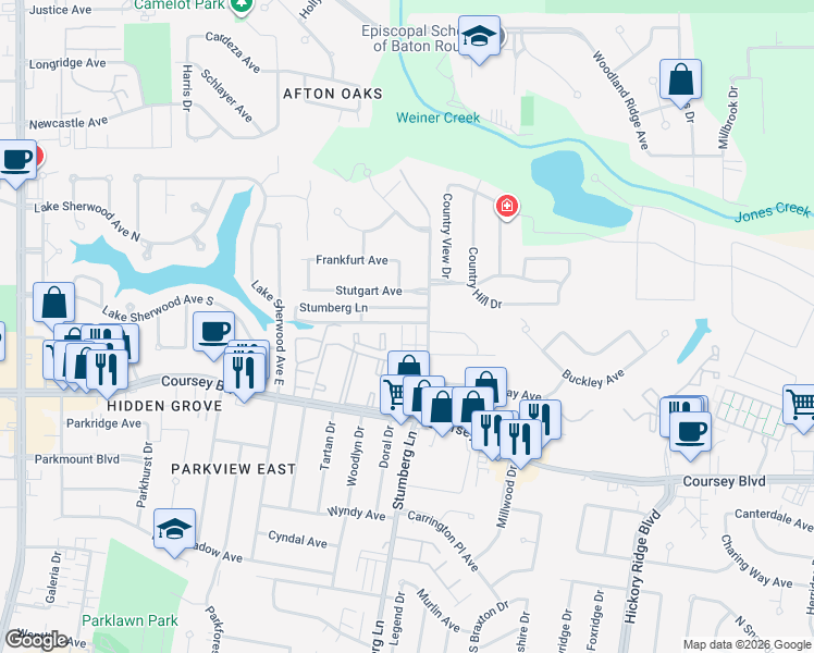 map of restaurants, bars, coffee shops, grocery stores, and more near 4134 Stumberg Lane in Baton Rouge