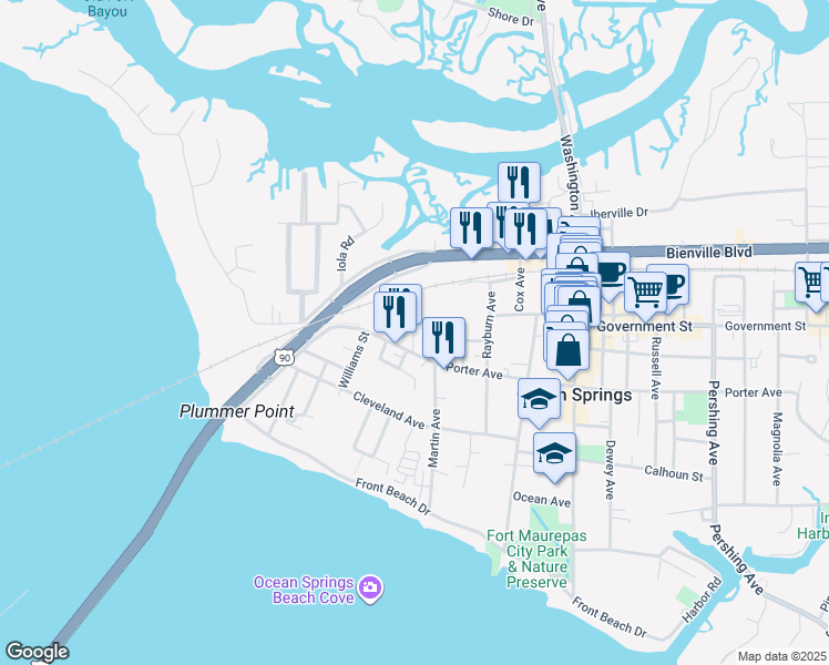 map of restaurants, bars, coffee shops, grocery stores, and more near 608 Azalea Lane in Ocean Springs
