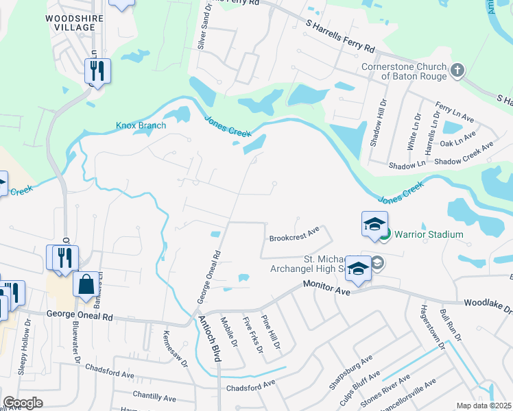 map of restaurants, bars, coffee shops, grocery stores, and more near 17510 George Oneal Road in Baton Rouge