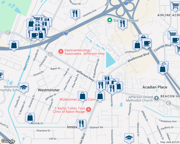 map of restaurants, bars, coffee shops, grocery stores, and more near 9620 Jefferson Highway in Baton Rouge