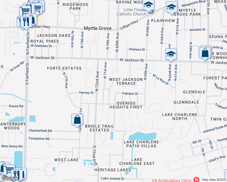 map of restaurants, bars, coffee shops, grocery stores, and more near 67 North 69th Avenue in Pensacola