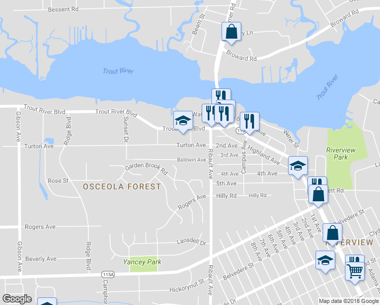 map of restaurants, bars, coffee shops, grocery stores, and more near 3068 Turton Avenue in Jacksonville