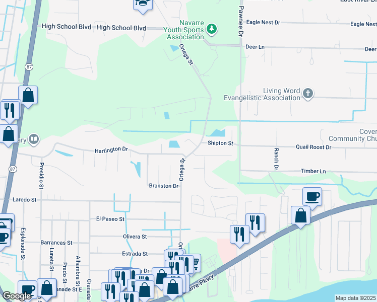 map of restaurants, bars, coffee shops, grocery stores, and more near 2153 Ortega Street in Navarre