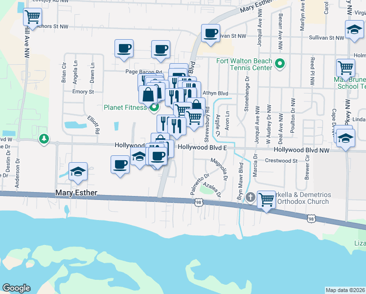map of restaurants, bars, coffee shops, grocery stores, and more near 425 Hollywood Boulevard East in Mary Esther