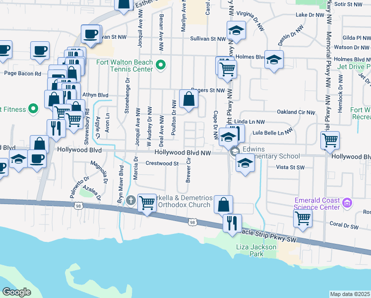 map of restaurants, bars, coffee shops, grocery stores, and more near 414 Sea Rover Lane Northwest in Fort Walton Beach