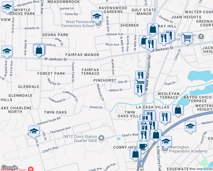 map of restaurants, bars, coffee shops, grocery stores, and more near 273 Chestnut Street in Pensacola