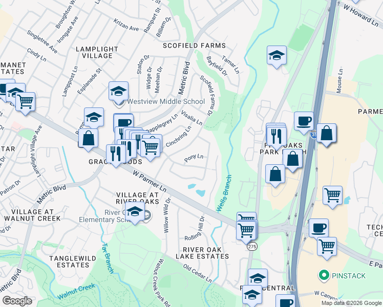 map of restaurants, bars, coffee shops, grocery stores, and more near 12709 Scofield Farms Drive in Austin