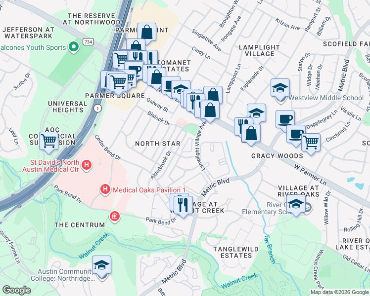 map of restaurants, bars, coffee shops, grocery stores, and more near 12405 Alderbrook Drive in Austin
