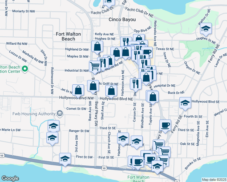 map of restaurants, bars, coffee shops, grocery stores, and more near 7 Hollywood Boulevard Northeast in Fort Walton Beach
