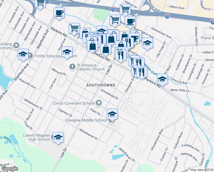 map of restaurants, bars, coffee shops, grocery stores, and more near 2106 Lee Drive in Baton Rouge