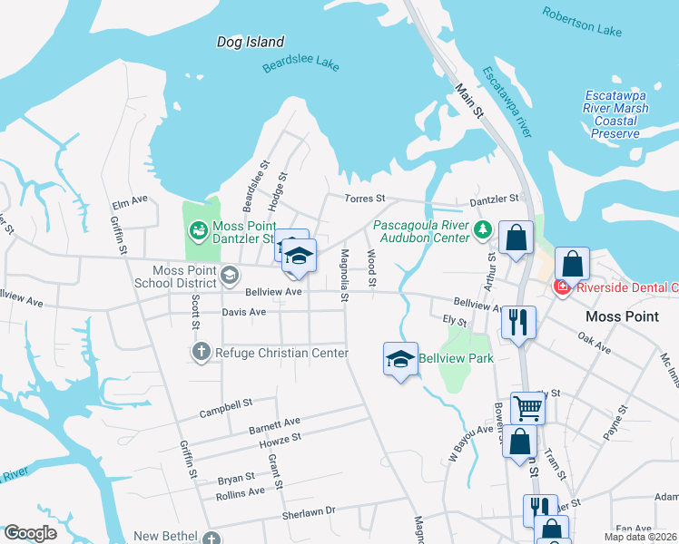 map of restaurants, bars, coffee shops, grocery stores, and more near 3718 Dantzler Street in Moss Point