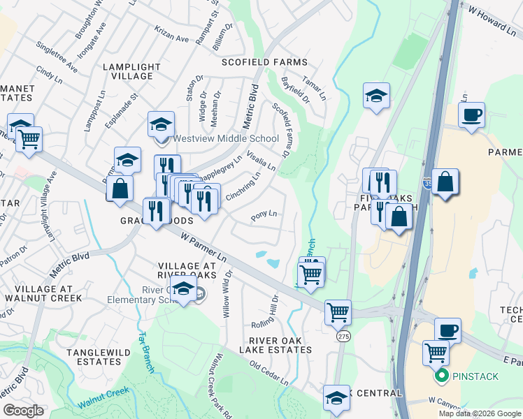map of restaurants, bars, coffee shops, grocery stores, and more near 12709 Scofield Farms Drive in Austin
