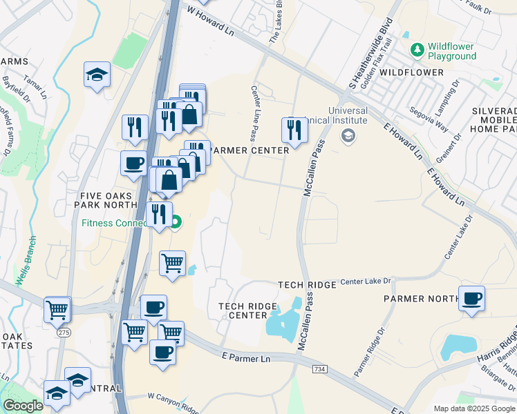 map of restaurants, bars, coffee shops, grocery stores, and more near 611 Center Ridge Drive in Austin