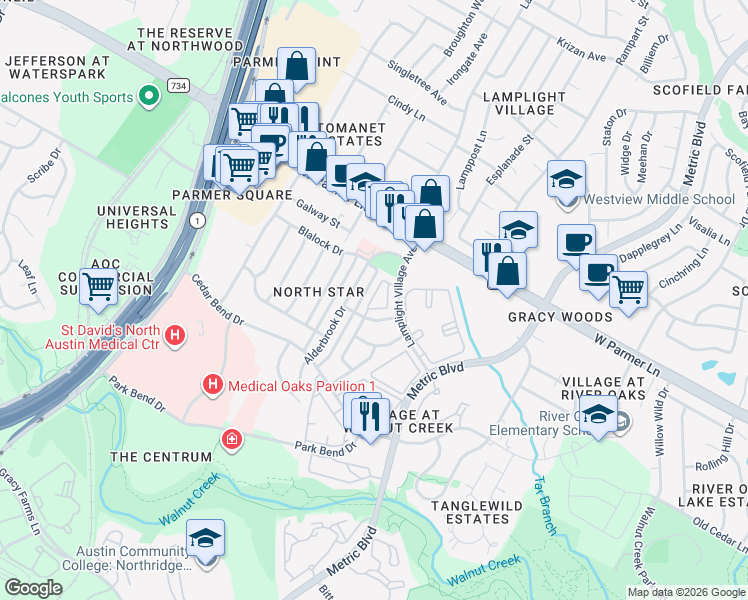 map of restaurants, bars, coffee shops, grocery stores, and more near 12405 Alderbrook Drive in Austin