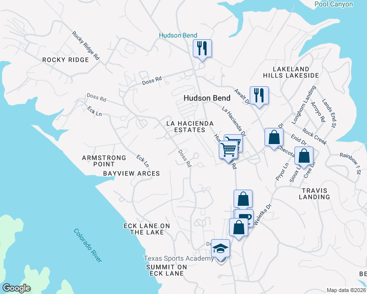 map of restaurants, bars, coffee shops, grocery stores, and more near 4811 Doss Road in Austin