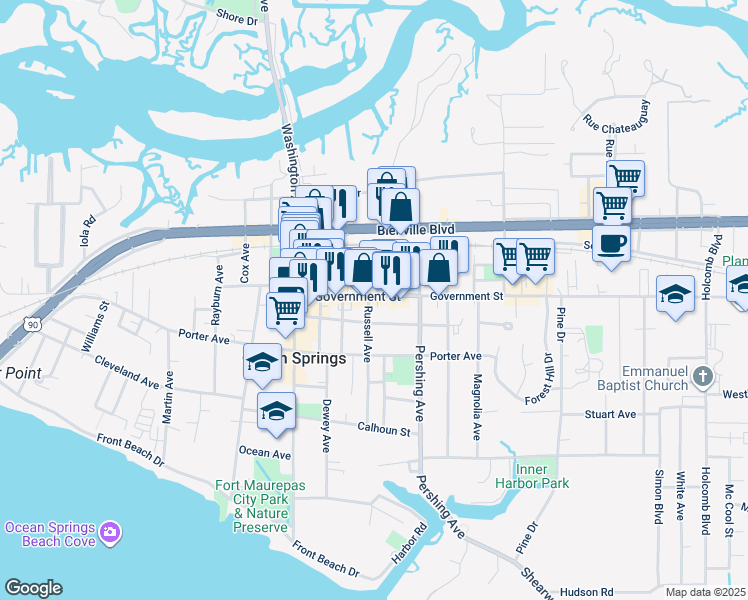 map of restaurants, bars, coffee shops, grocery stores, and more near 1302 Government Street in Ocean Springs
