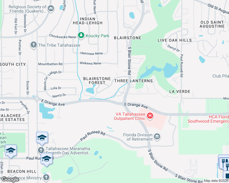 map of restaurants, bars, coffee shops, grocery stores, and more near 1747 Brookside Boulevard in Tallahassee