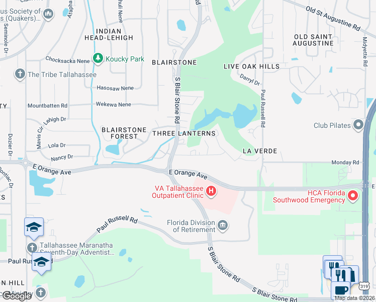 map of restaurants, bars, coffee shops, grocery stores, and more near 1566 Three Lanterns Lane in Tallahassee