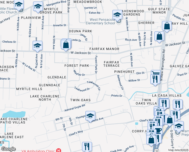 map of restaurants, bars, coffee shops, grocery stores, and more near 5501 Mayfair Drive in Pensacola