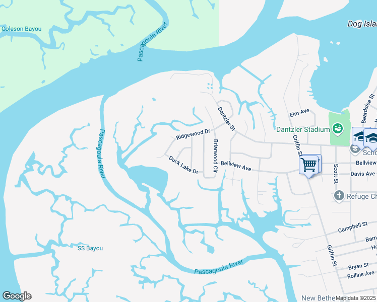map of restaurants, bars, coffee shops, grocery stores, and more near 2425 Pintail Lane in Moss Point