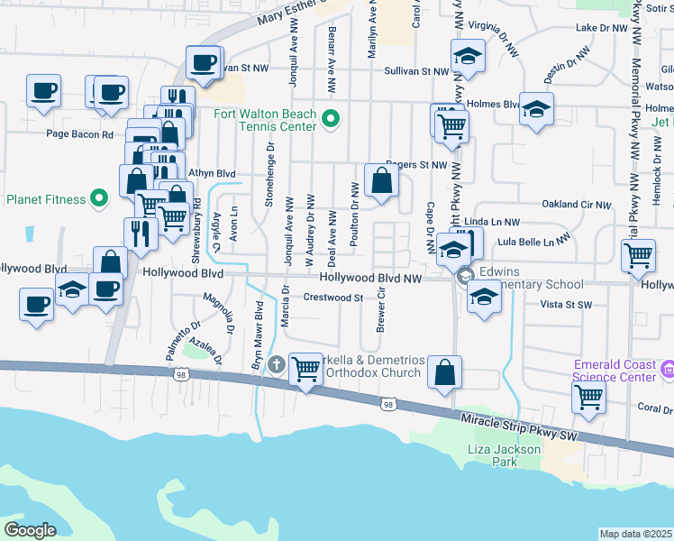 map of restaurants, bars, coffee shops, grocery stores, and more near 1 Deal Avenue Northwest in Fort Walton Beach