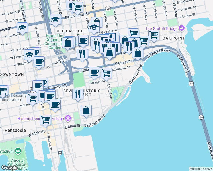 map of restaurants, bars, coffee shops, grocery stores, and more near 9 South 9th Avenue in Pensacola