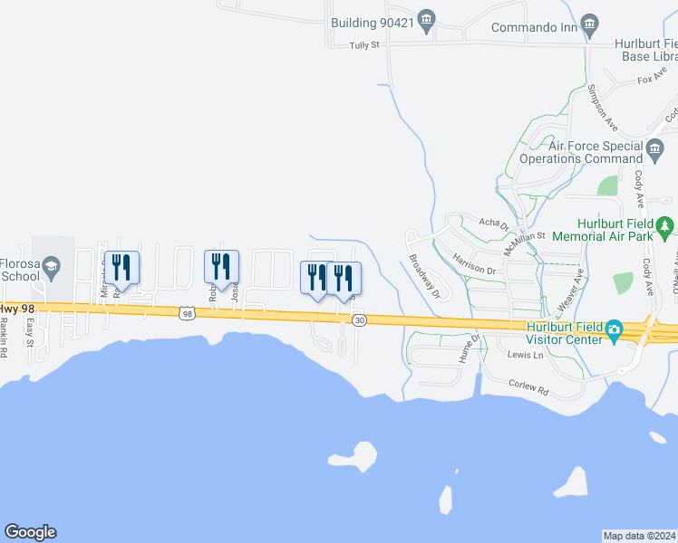map of restaurants, bars, coffee shops, grocery stores, and more near 208 Woodland Park Circle in Mary Esther